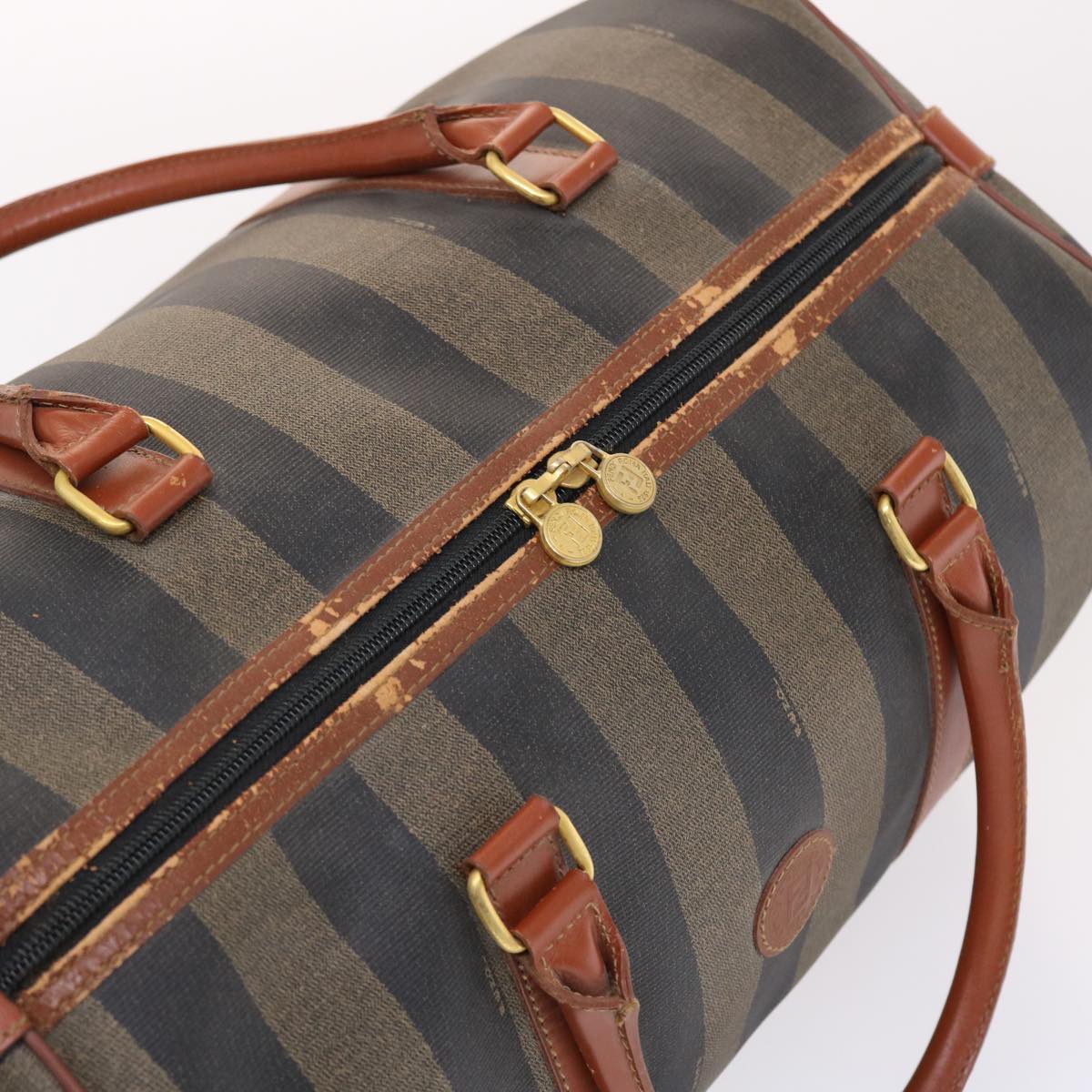 FENDI Pecan Canvas Boston Bag PVC Leather Brown Black 49995