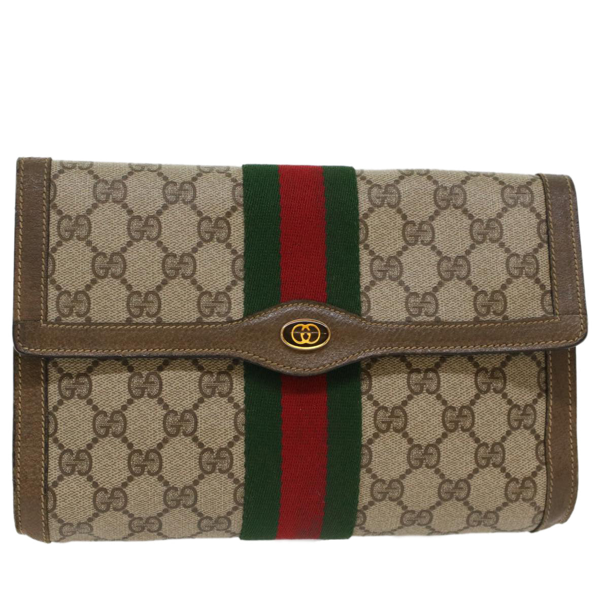 GUCCI GG Canvas Web Sherry Line Clutch Bag PVC Leather Beige Red 49998