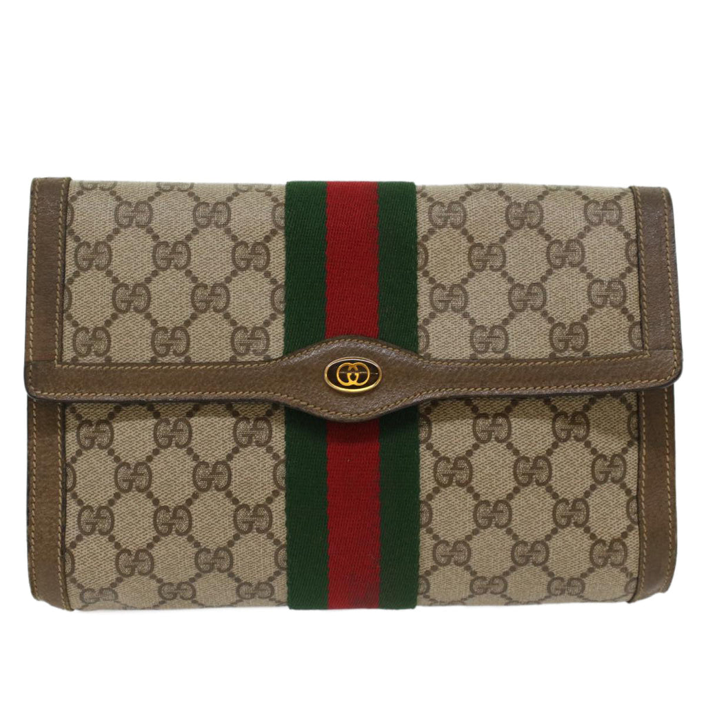 GUCCI GG Canvas Web Sherry Line Clutch Bag PVC Leather Beige Red 49998