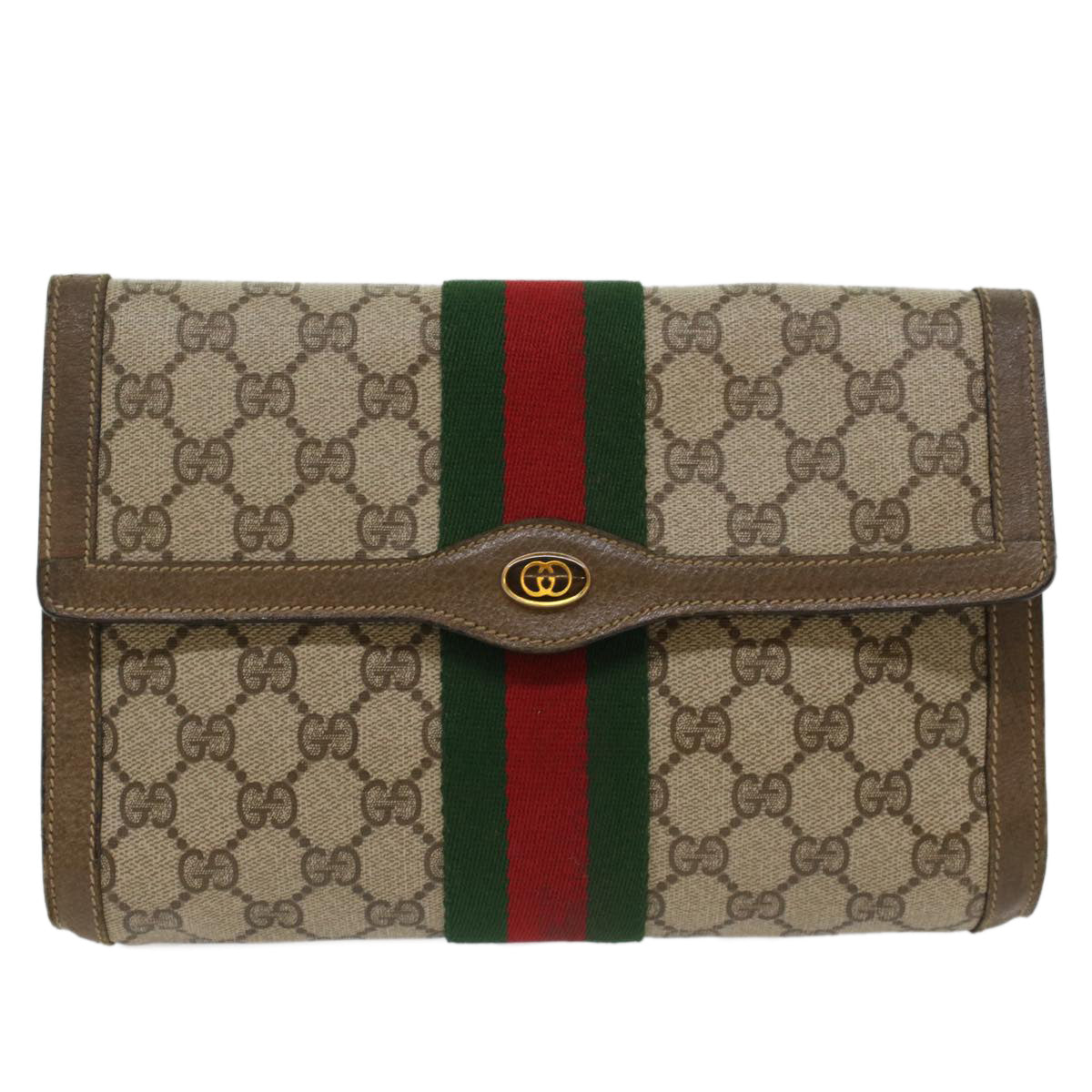 GUCCI GG Canvas Web Sherry Line Clutch Bag PVC Leather Beige Red 49998