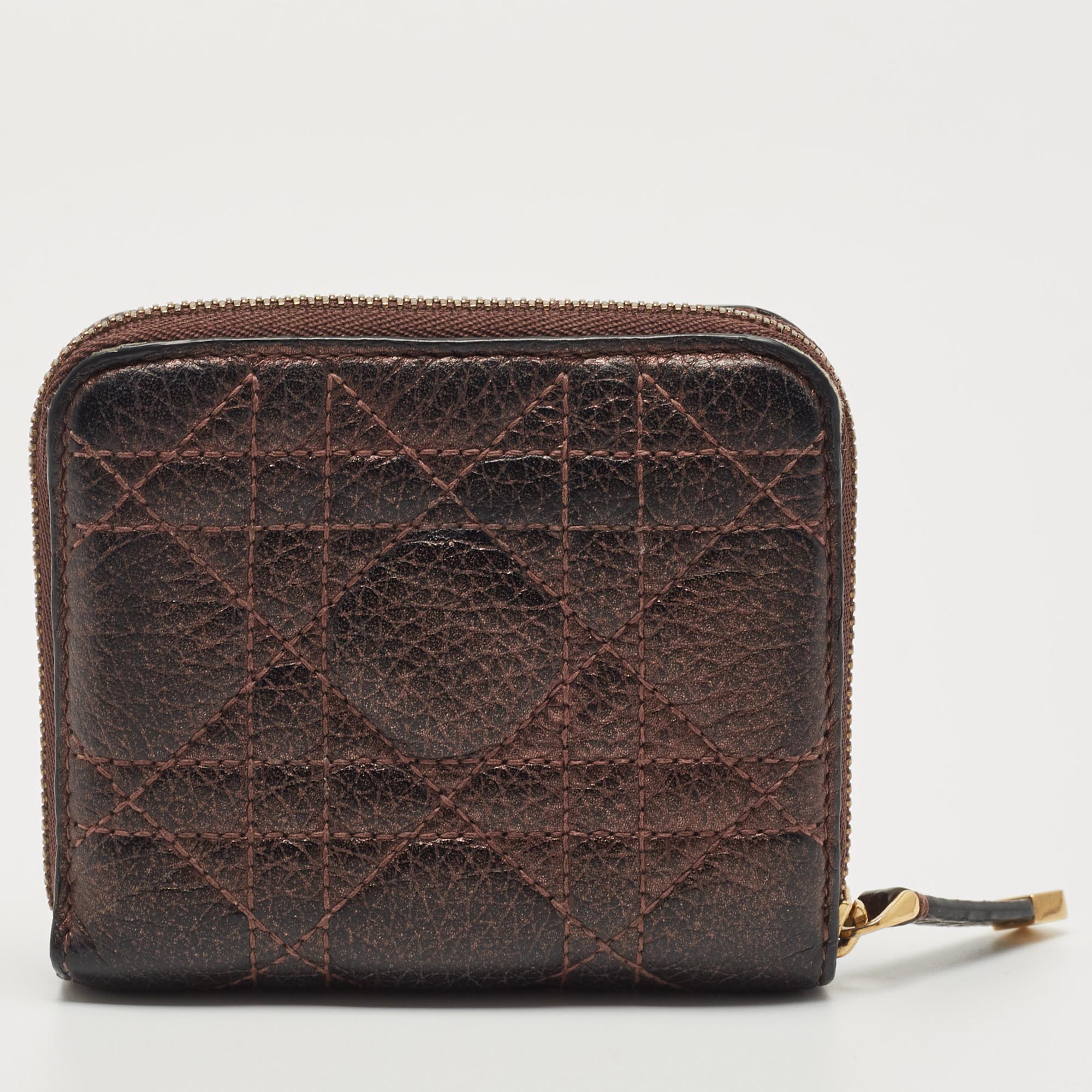 Dior Metallic Burgundy Cannage Leather Caro Compact Wallet