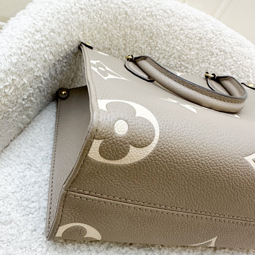 LV Onthego PM in Tourterelle (Grey) / Creme Giant Monogram Empreinte Leather and GHW