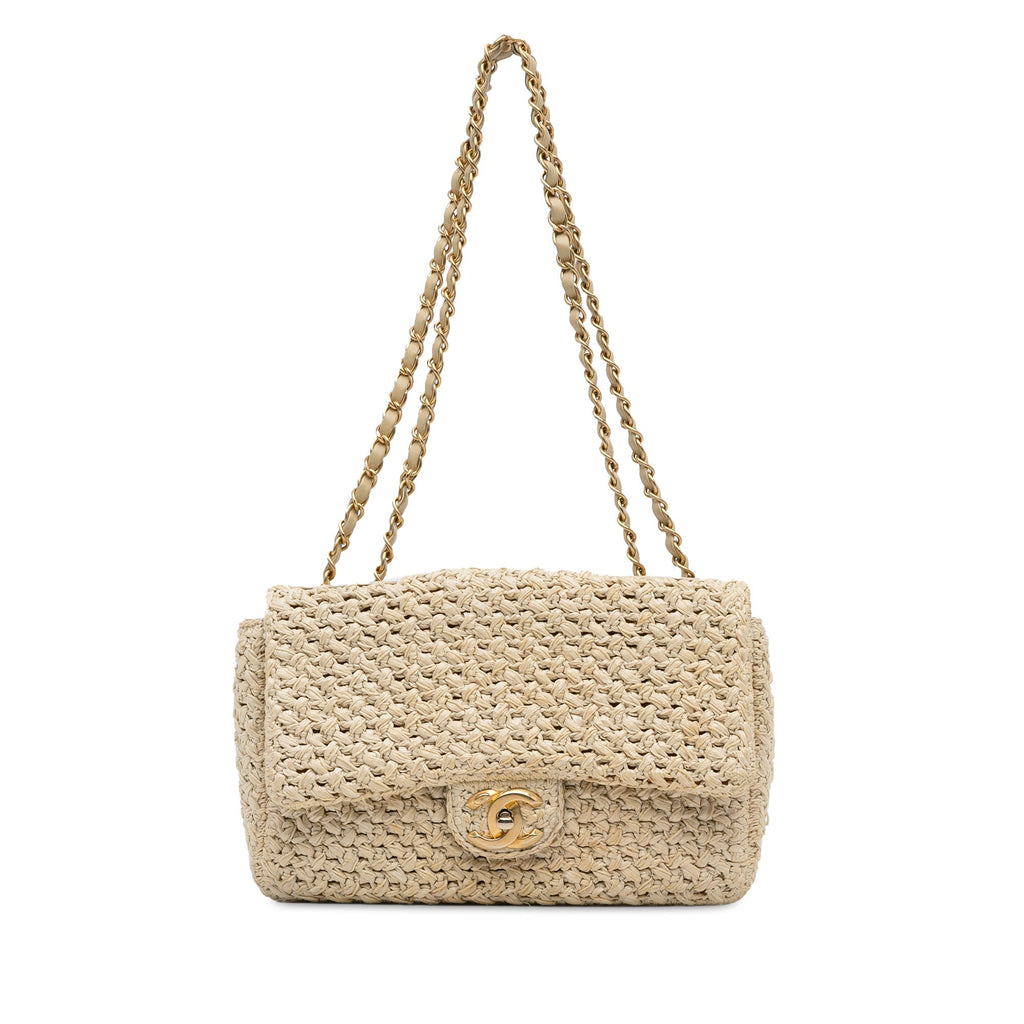 Chanel Single Flap Medium Brown Crochet Raffia Gold