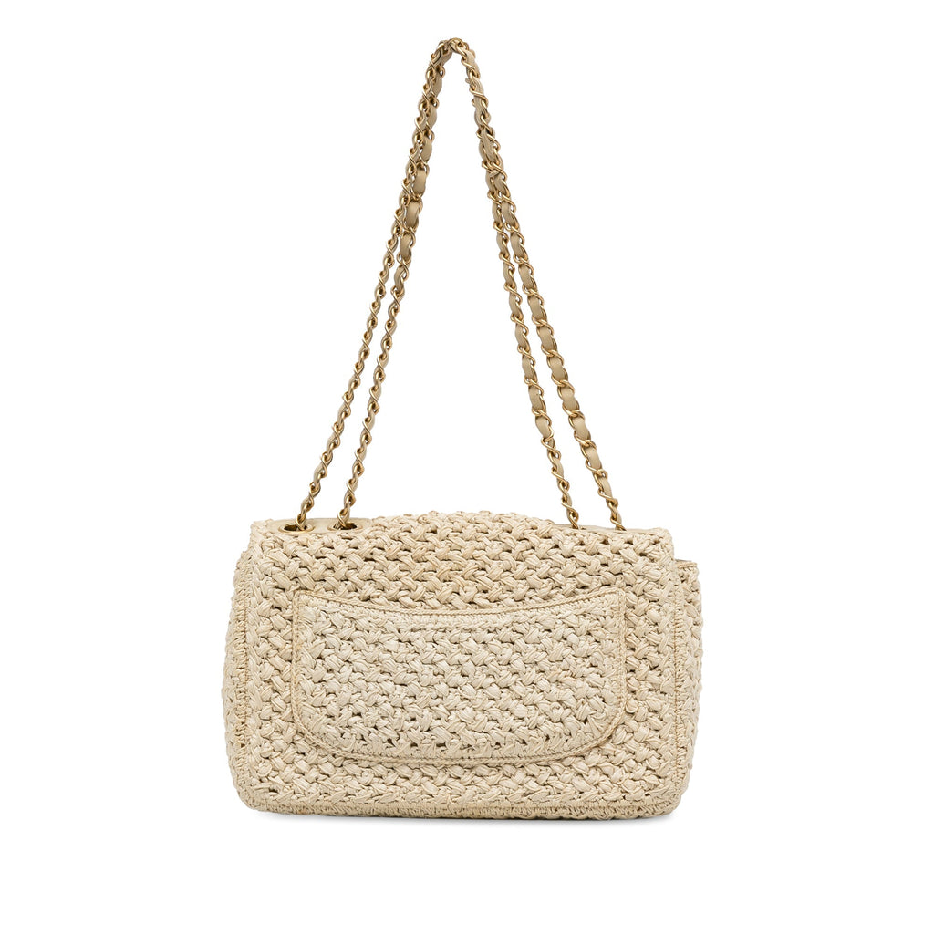 Chanel Single Flap Medium Brown Crochet Raffia Gold