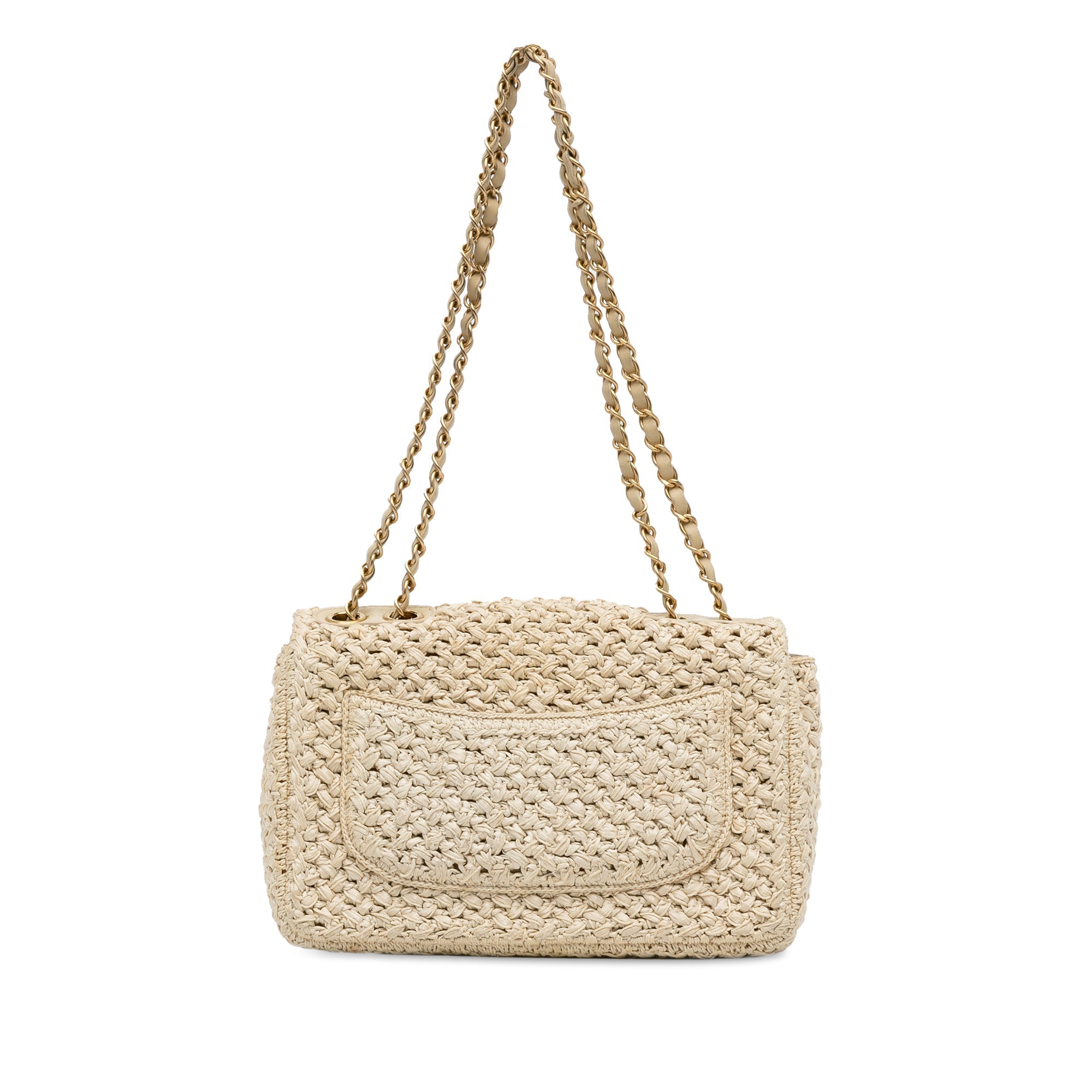 Chanel Single Flap Medium Brown Crochet Raffia Gold