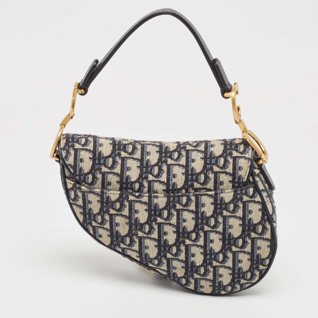 Dior Navy Blue Oblique Canvas And Leather Mini Saddle Bag