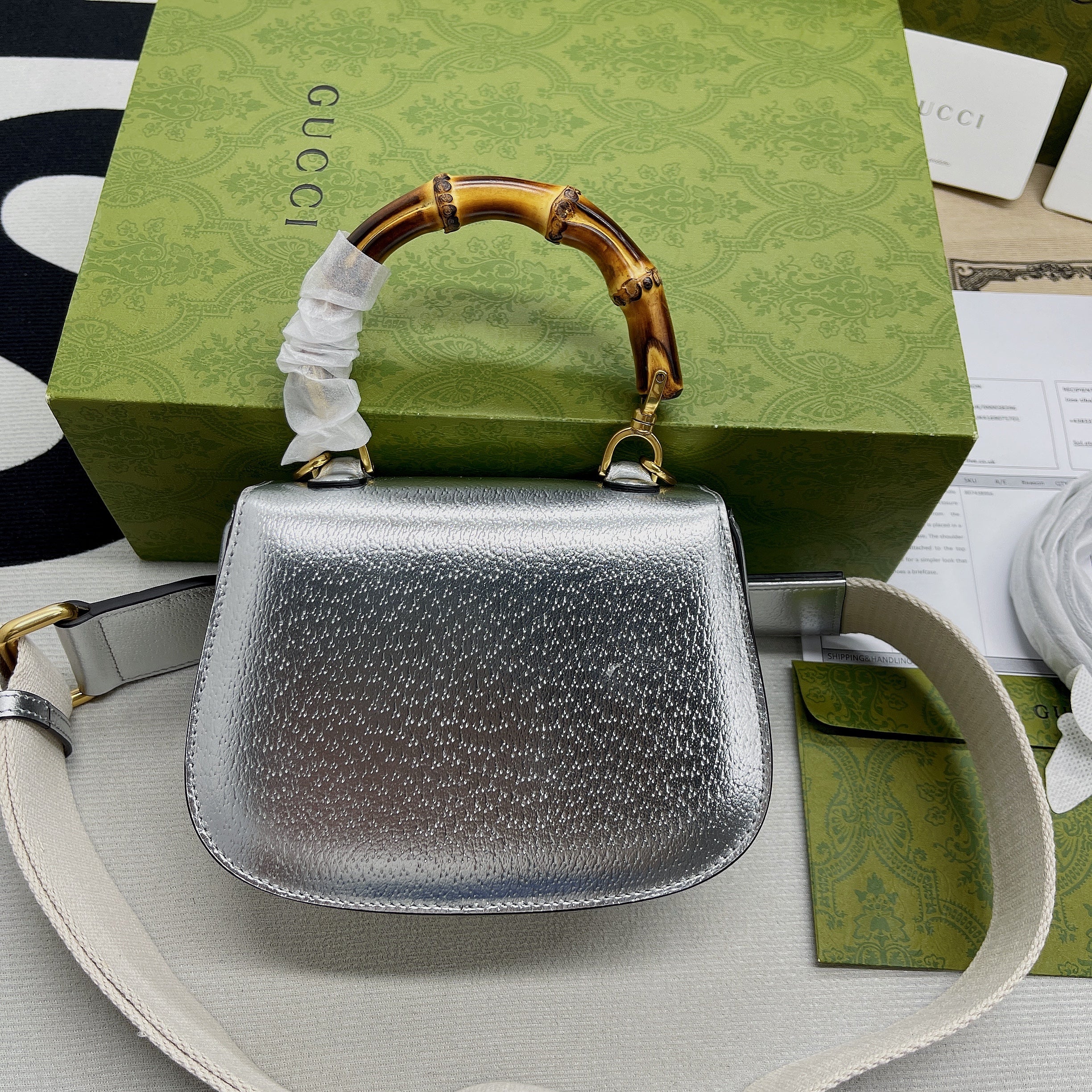 gg Bamboo 1947 Mini Top Handle Bag Silver For Women, Women’s Bags 6.7in/17cm gg