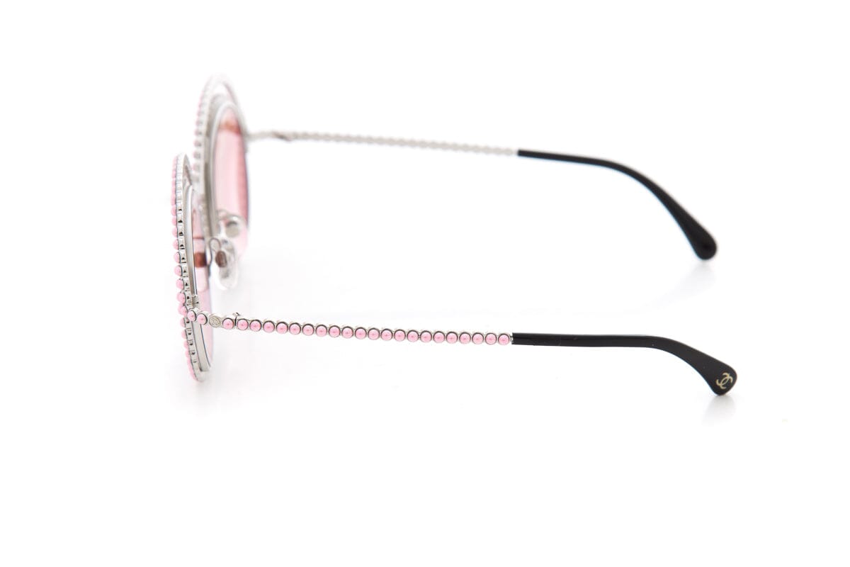 Chanel Pink Round Faux Pearl Embellished Sunglasses