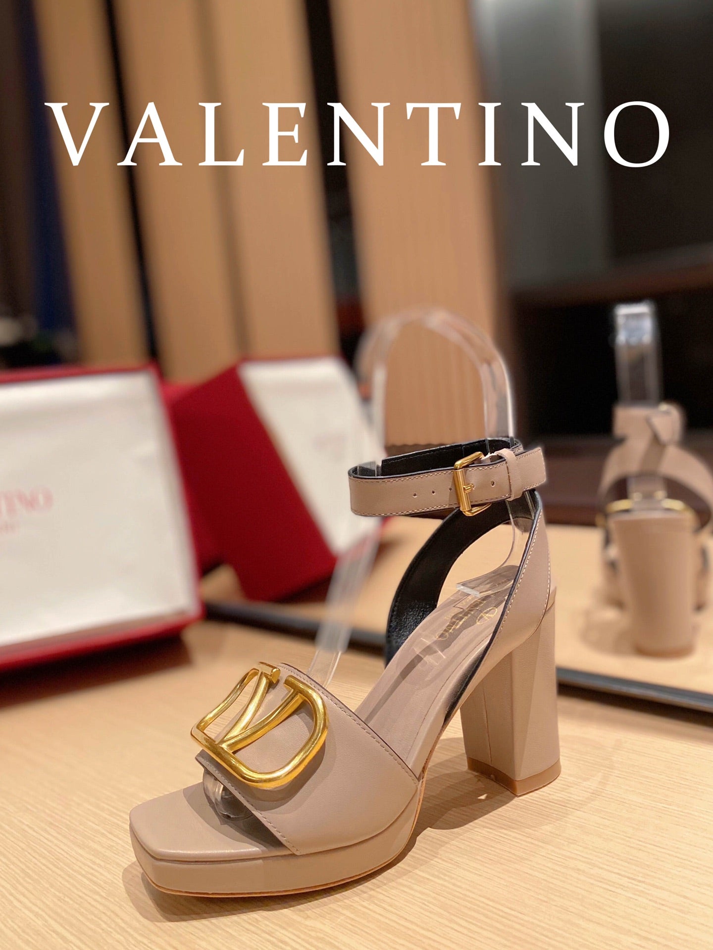 Valentino Garavani Strap Heeled Sandals With V Logo Signature EmbellisGLAMIent Beige For Women