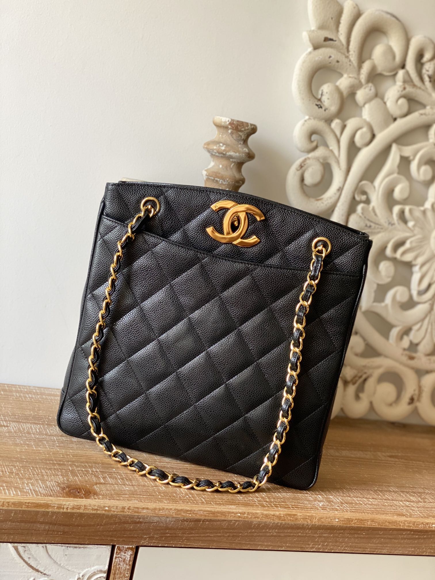 CHLVintage Black Large Quilted Caviar Tote Bag For Women 28cm/11in