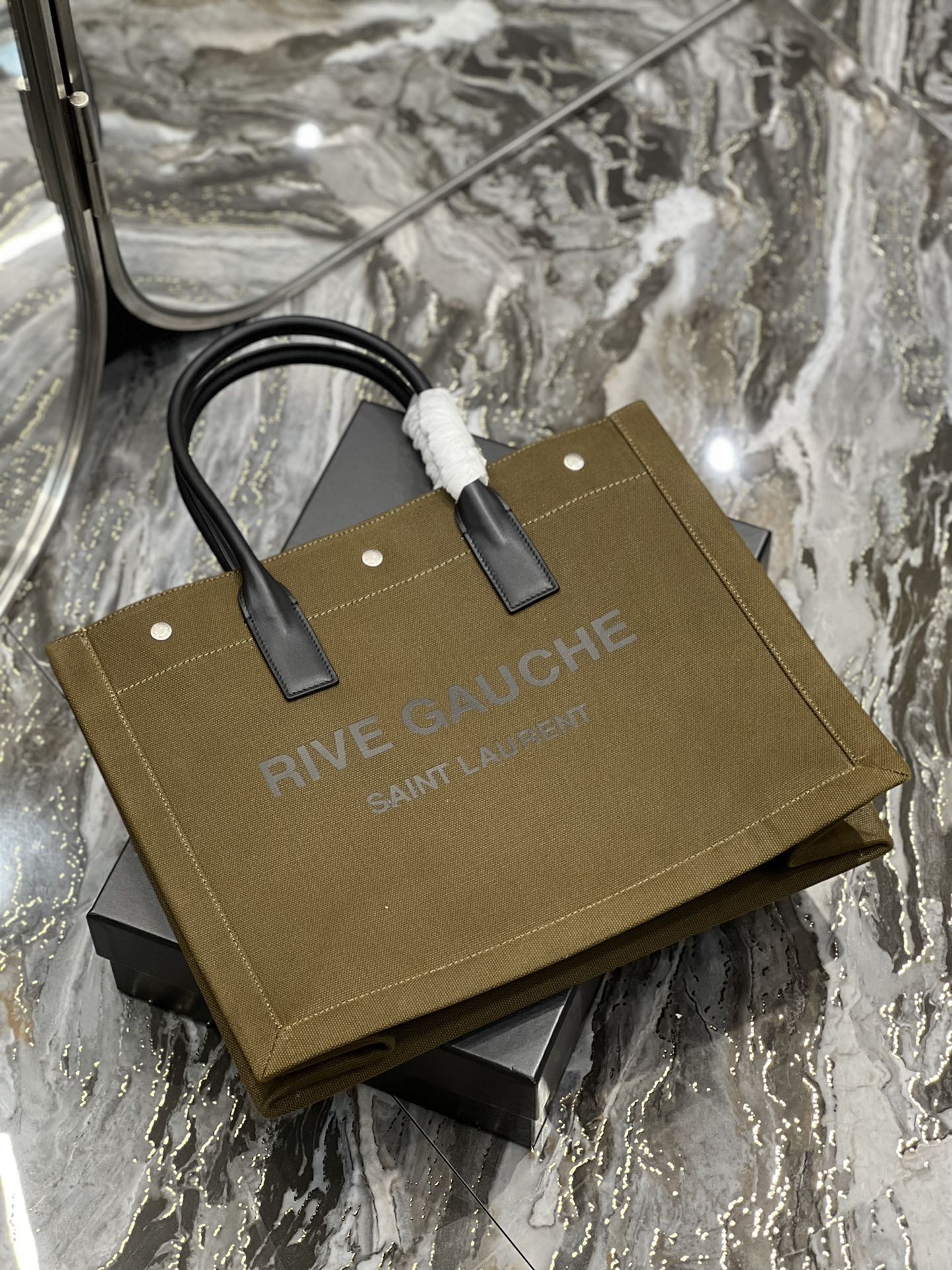 GLAMI Rive Gauche Small Tote Bag In Linen Khaki Brown For Women 15.4in/39cm YSL