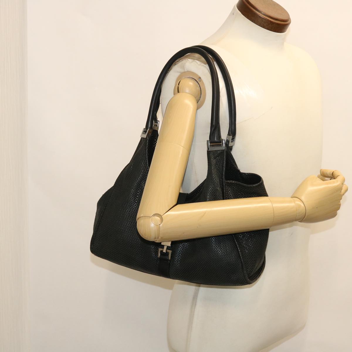 GUCCI Jackie Mesh Hand Bag Leather Black 50166