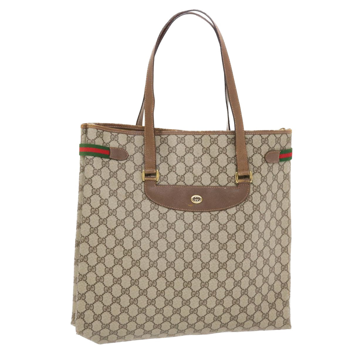 GUCCI GG Canvas Web Sherry Line Tote Bag PVC Leather Beige Red Green 50177