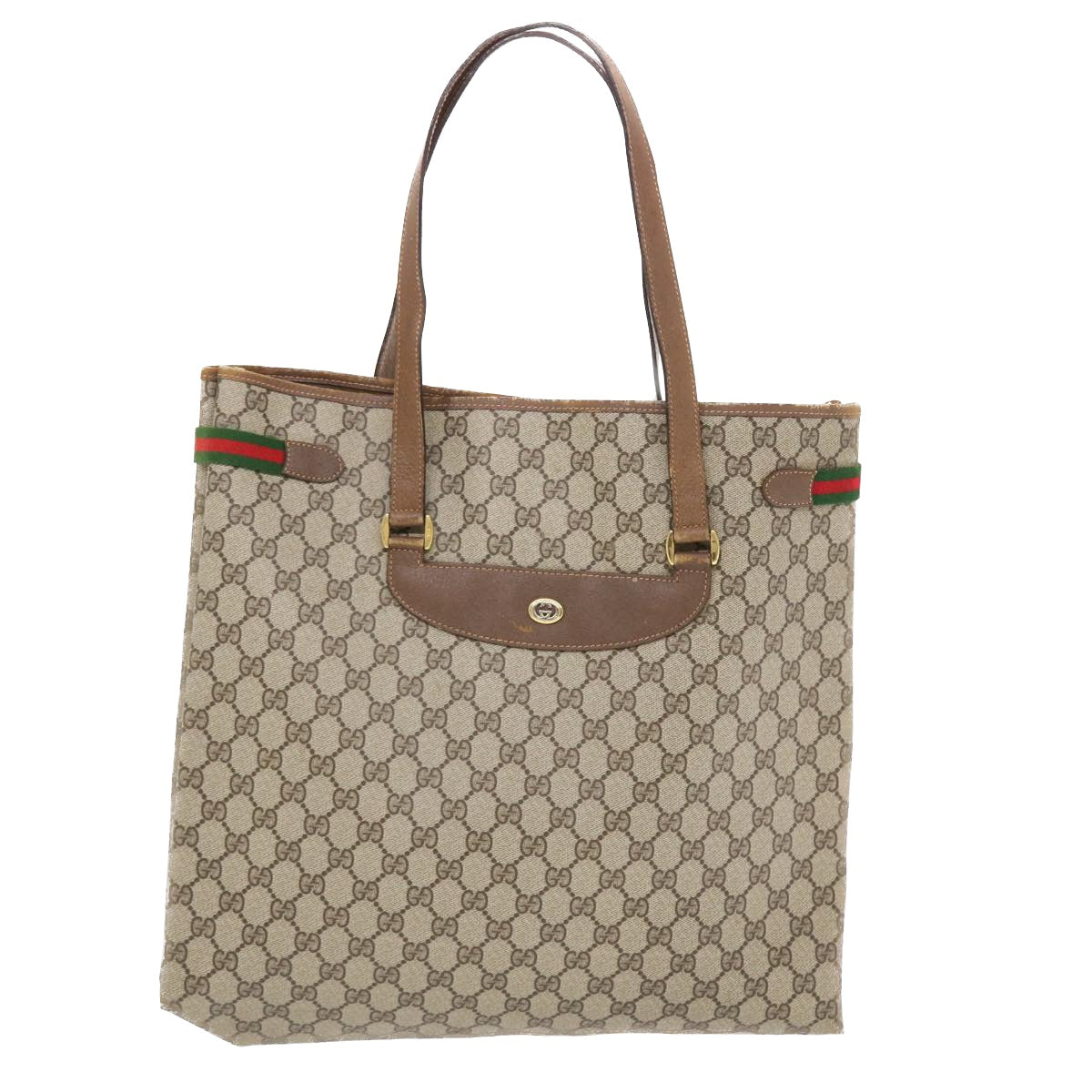 GUCCI GG Canvas Web Sherry Line Tote Bag PVC Leather Beige Red Green 50177