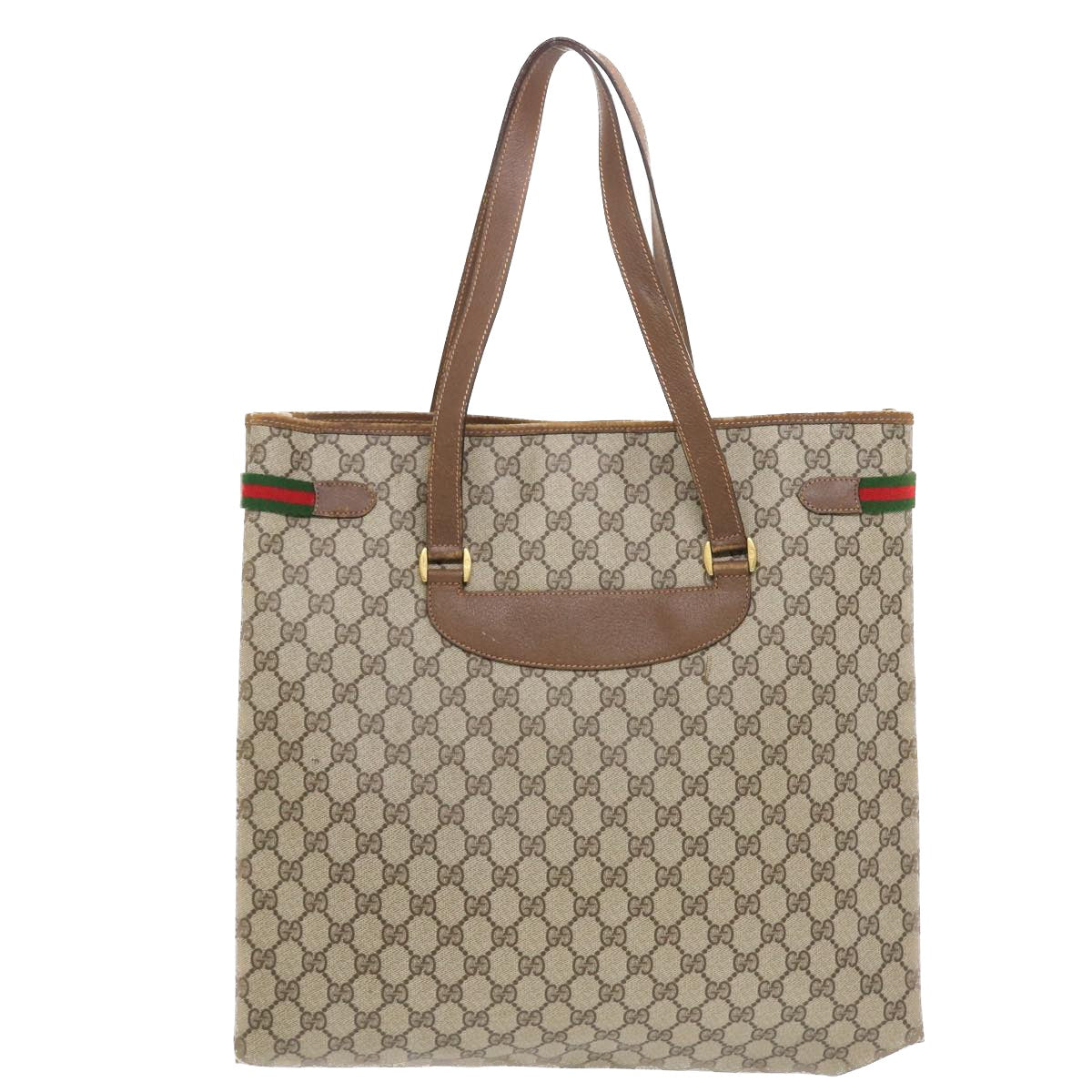 GUCCI GG Canvas Web Sherry Line Tote Bag PVC Leather Beige Red Green 50177