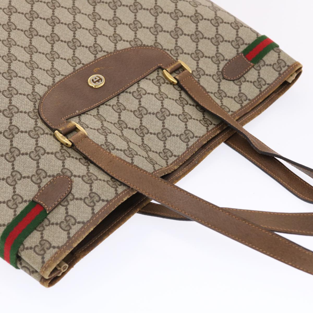 GUCCI GG Canvas Web Sherry Line Tote Bag PVC Leather Beige Red Green 50177