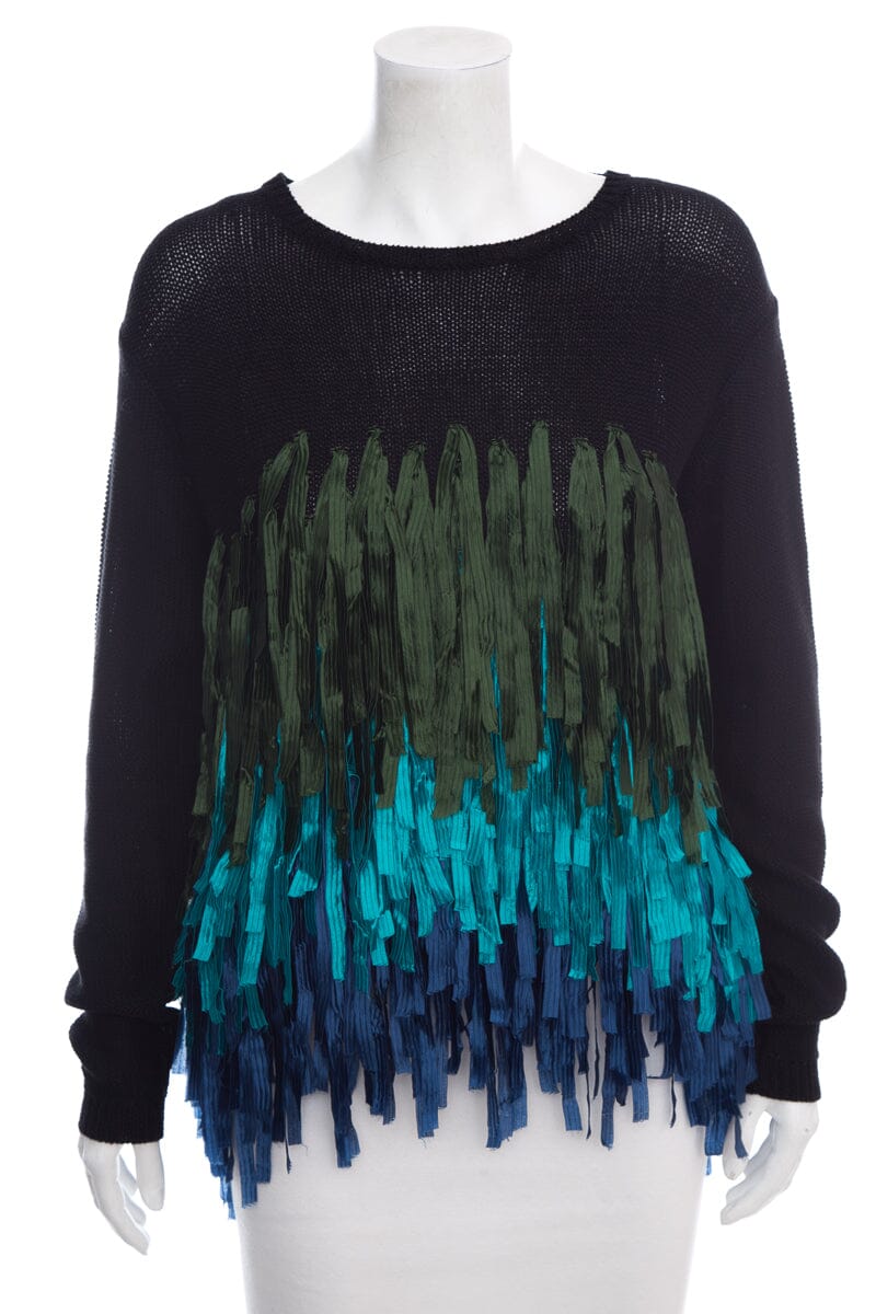 Dries Van Noten Black & Blue Fringe Crew Neck Sweater SZ S