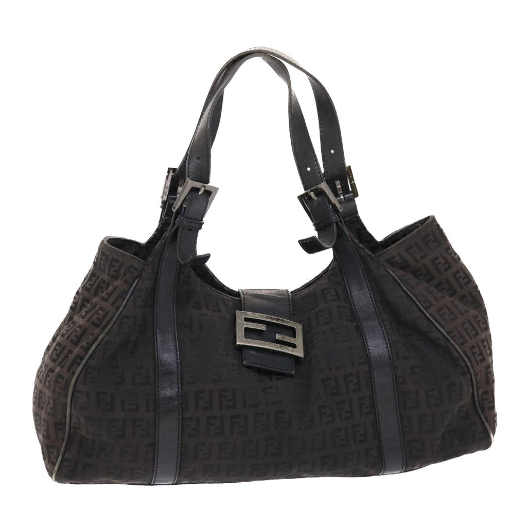 FENDI Zucchino Canvas Mamma Baguette Shoulder Bag Nylon Black 50423