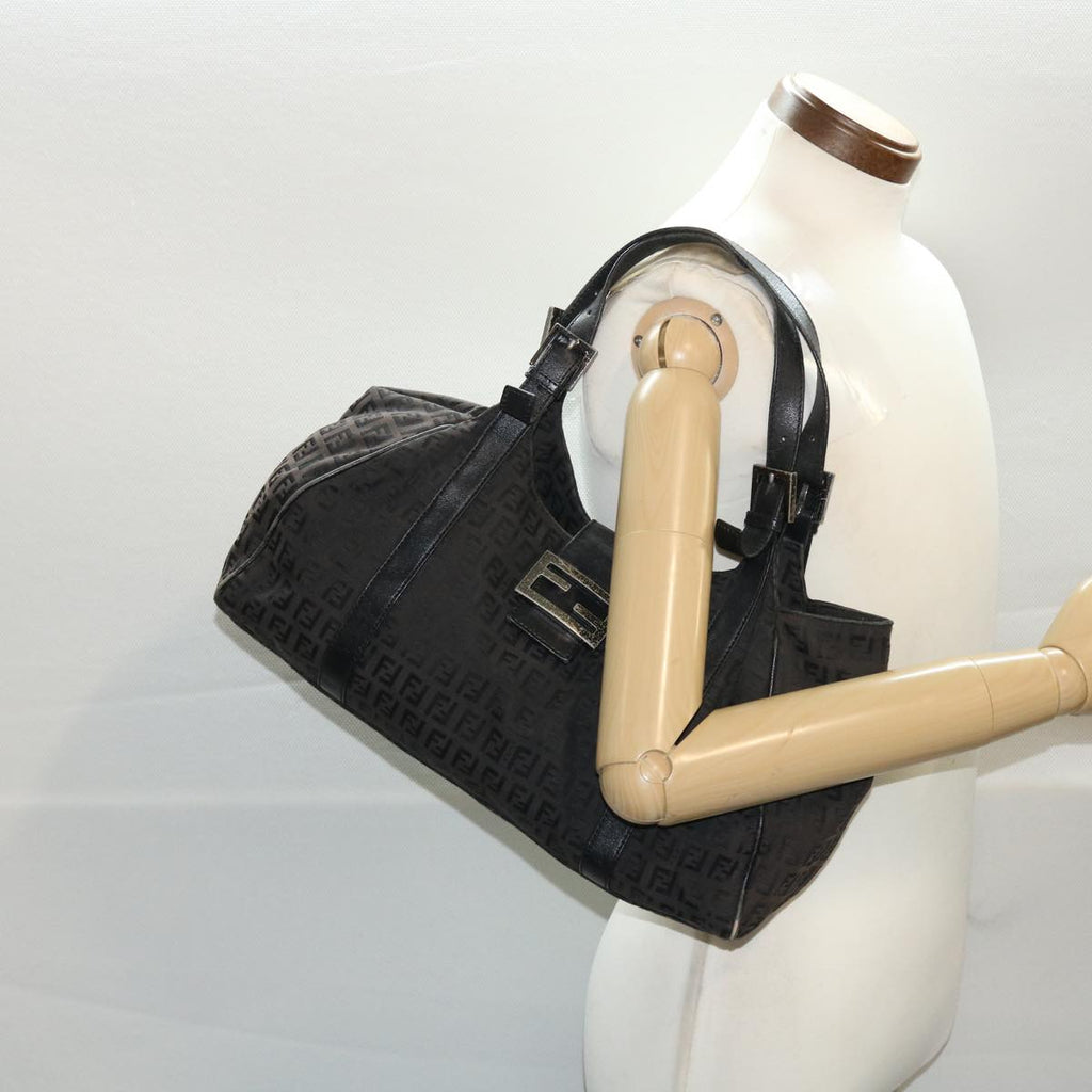 FENDI Zucchino Canvas Mamma Baguette Shoulder Bag Nylon Black 50423