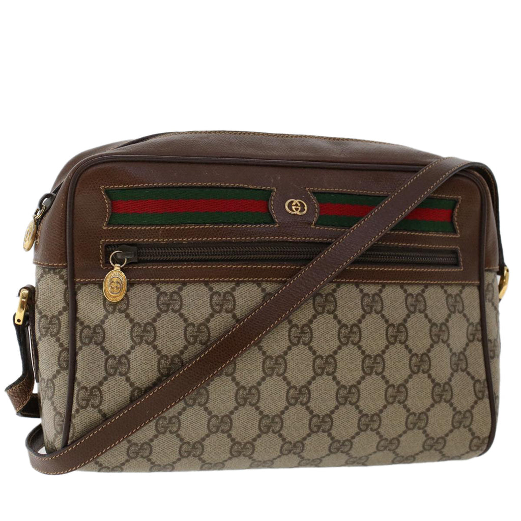 GUCCI GG Canvas Web Sherry Line Shoulder Bag PVC Leather Beige Red 50489