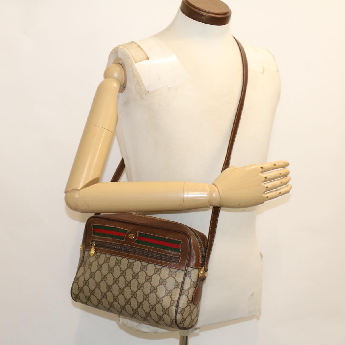 GUCCI GG Canvas Web Sherry Line Shoulder Bag PVC Leather Beige Red 50489
