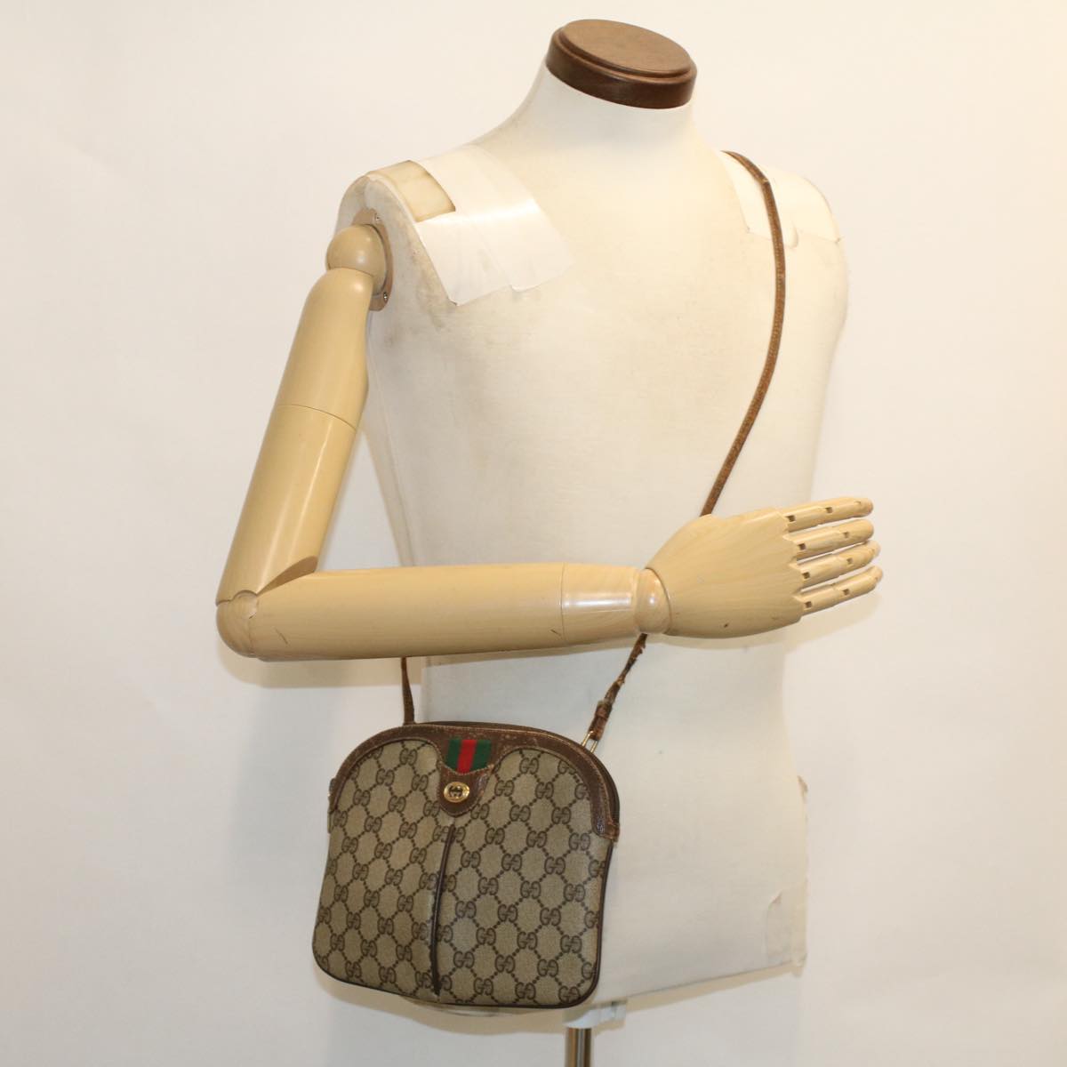 GUCCI GG Canvas Web Sherry Line Shoulder Bag PVC Leather Beige Red 50513
