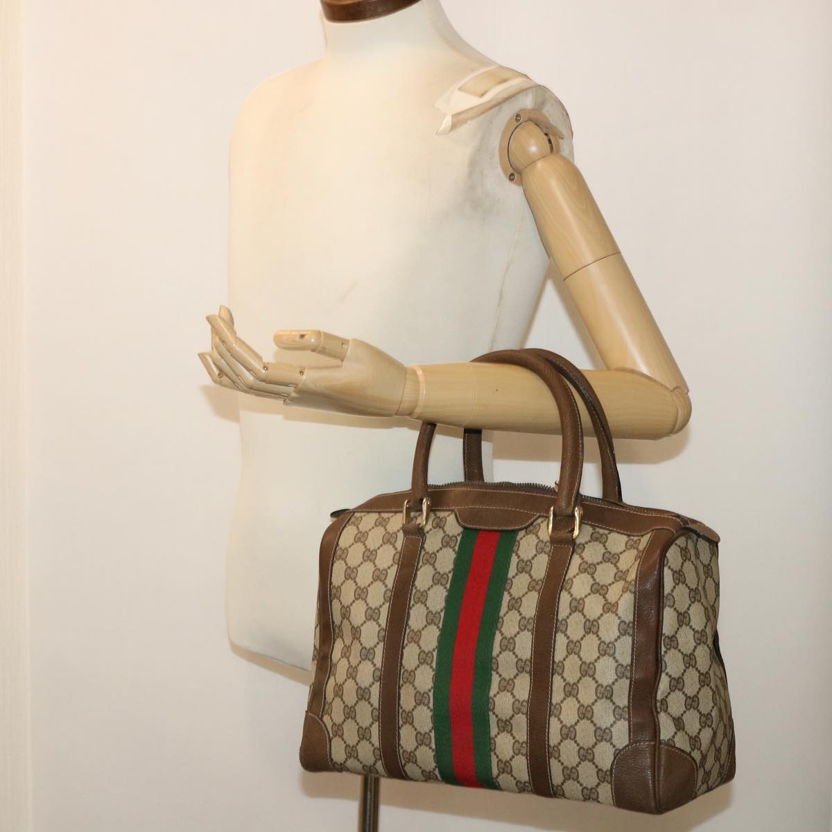GUCCI GG Canvas Web Sherry Line Boston Bag PVC Leather Beige Red 50517