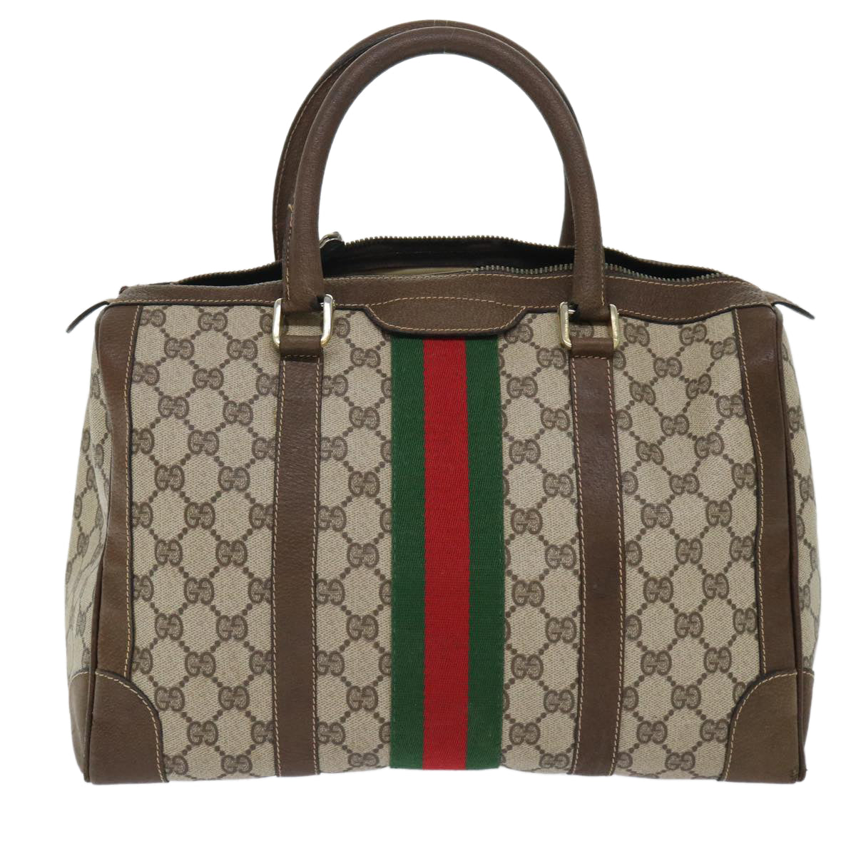 GUCCI GG Canvas Web Sherry Line Boston Bag PVC Leather Beige Red 50517