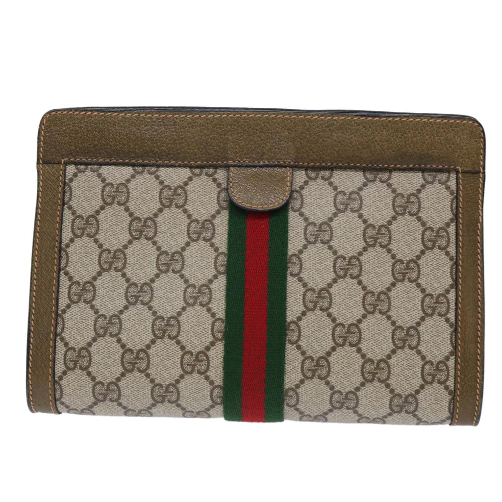 GUCCI GG Canvas Web Sherry Line Clutch Bag PVC Leather Beige Red 50523