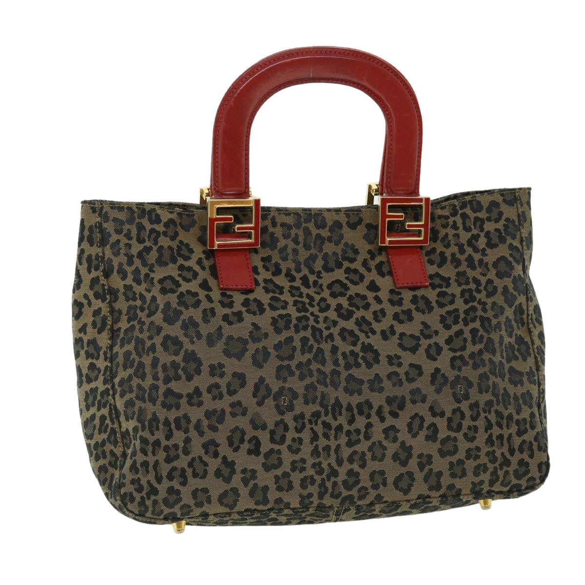 FENDI Leopard Hand Bag Nylon Leather Brown Red 50533