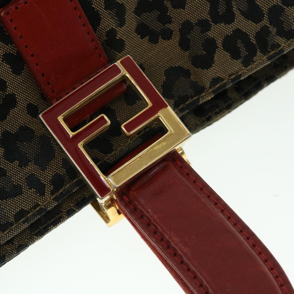 FENDI Leopard Hand Bag Nylon Leather Brown Red 50533