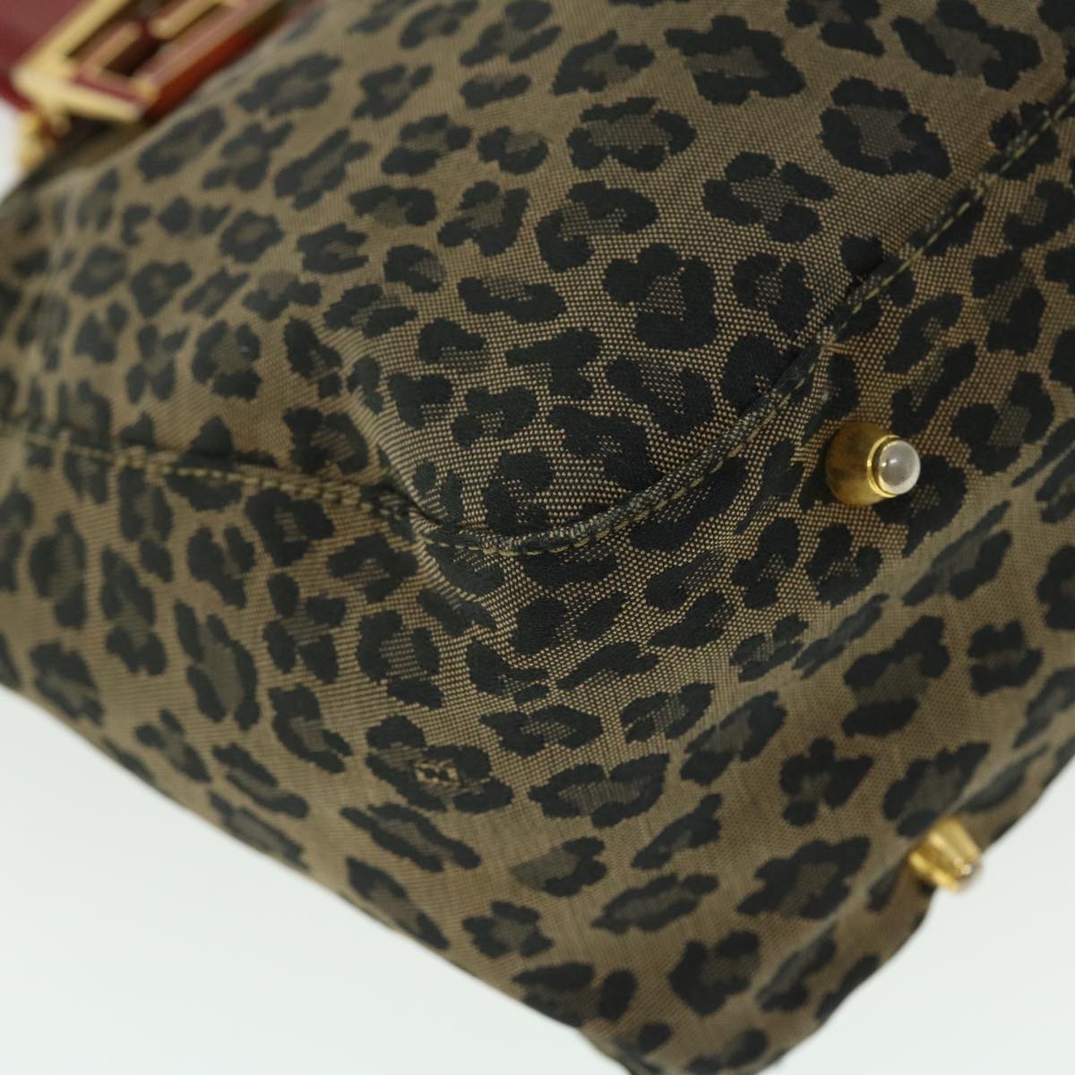 FENDI Leopard Hand Bag Nylon Leather Brown Red 50533