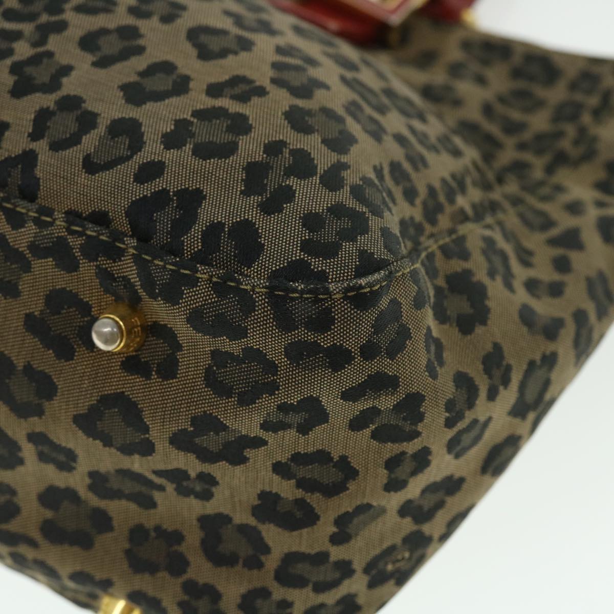 FENDI Leopard Hand Bag Nylon Leather Brown Red 50533