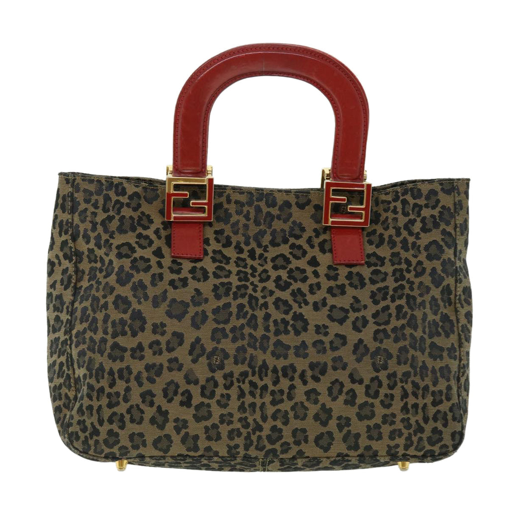 FENDI Leopard Hand Bag Nylon Leather Brown Red 50533