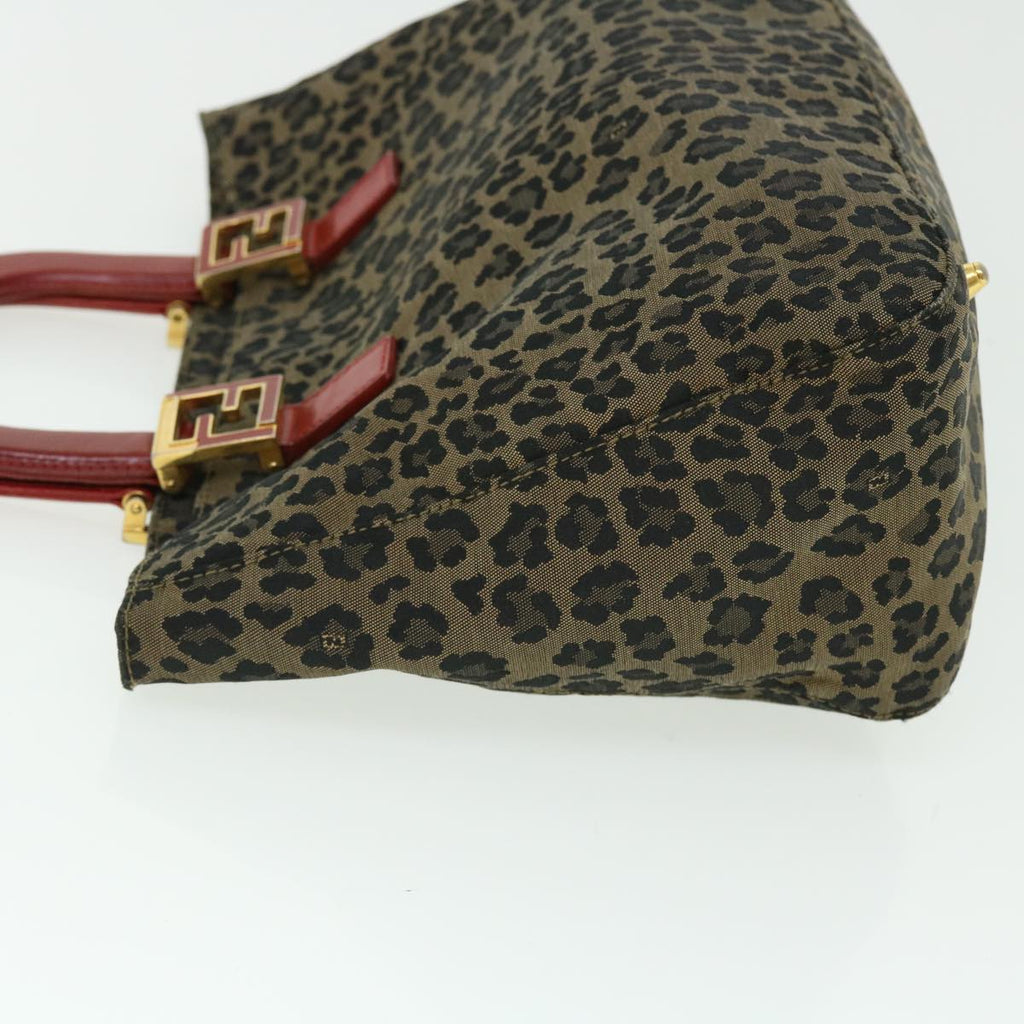 FENDI Leopard Hand Bag Nylon Leather Brown Red 50533