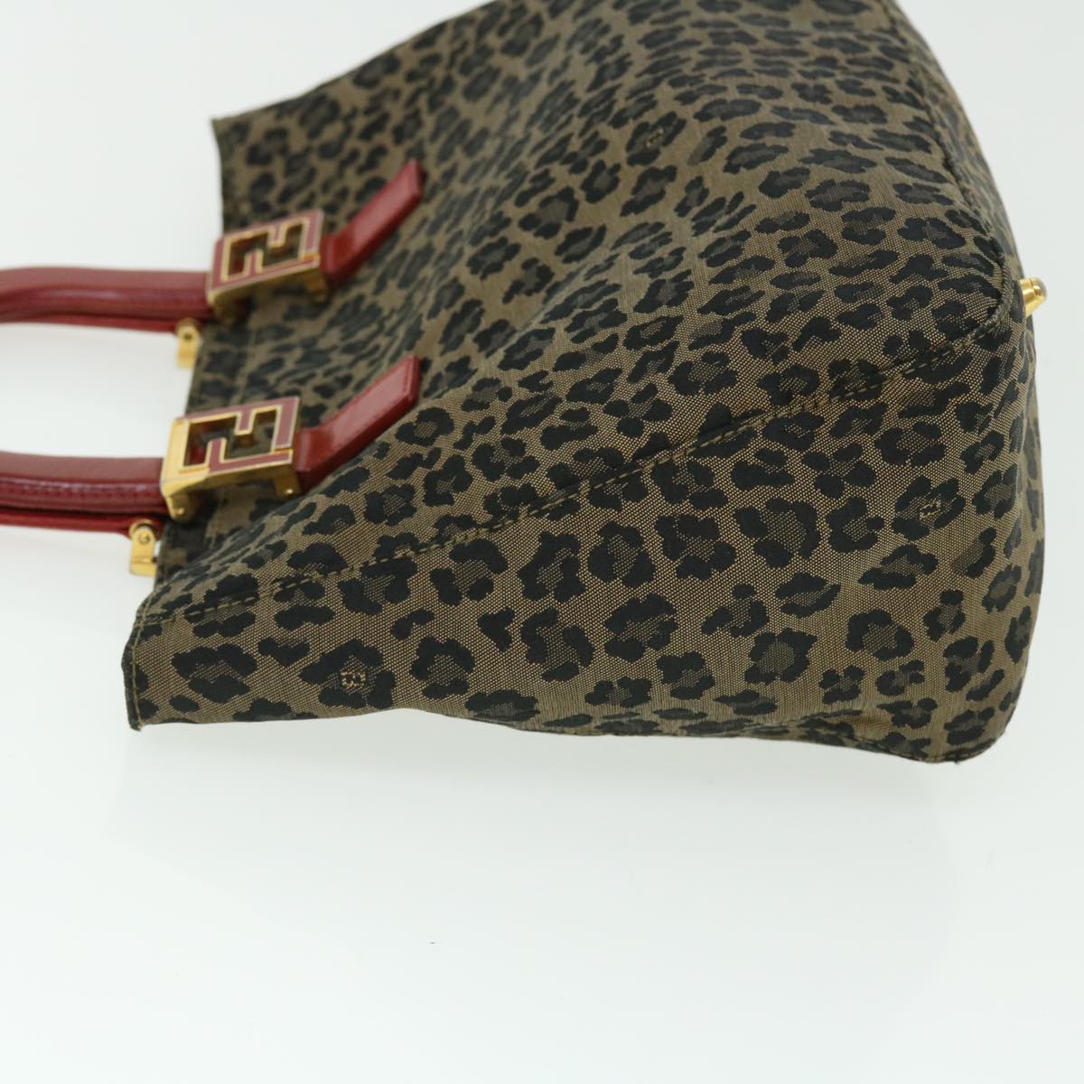 FENDI Leopard Hand Bag Nylon Leather Brown Red 50533