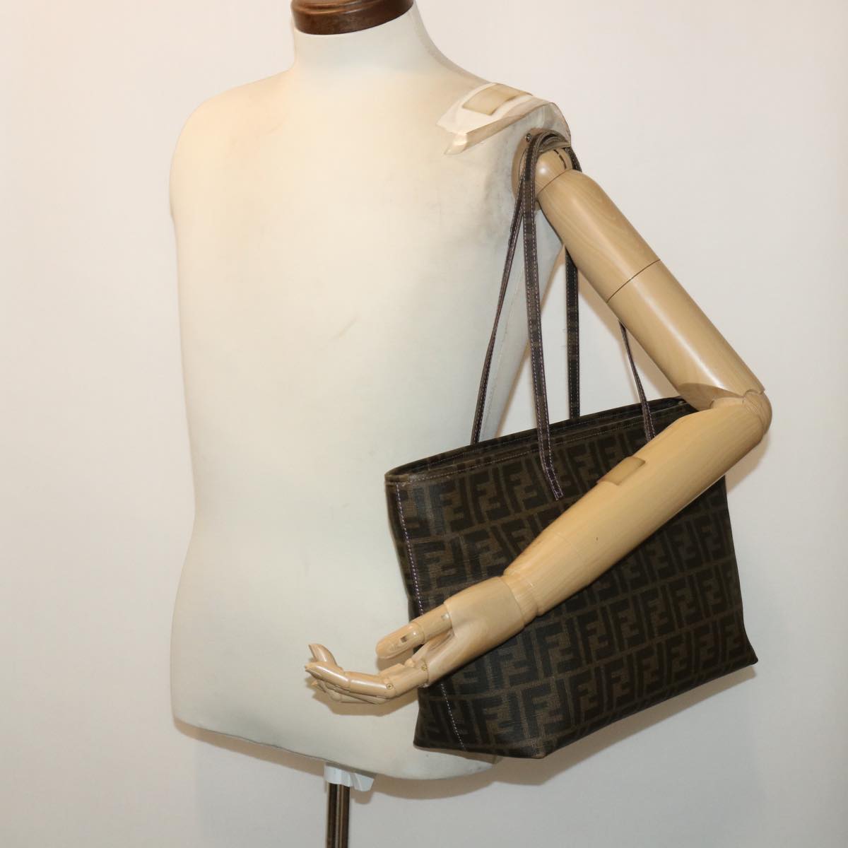FENDI Zucca Canvas Tote Bag PVC Leather Brown Black 50536