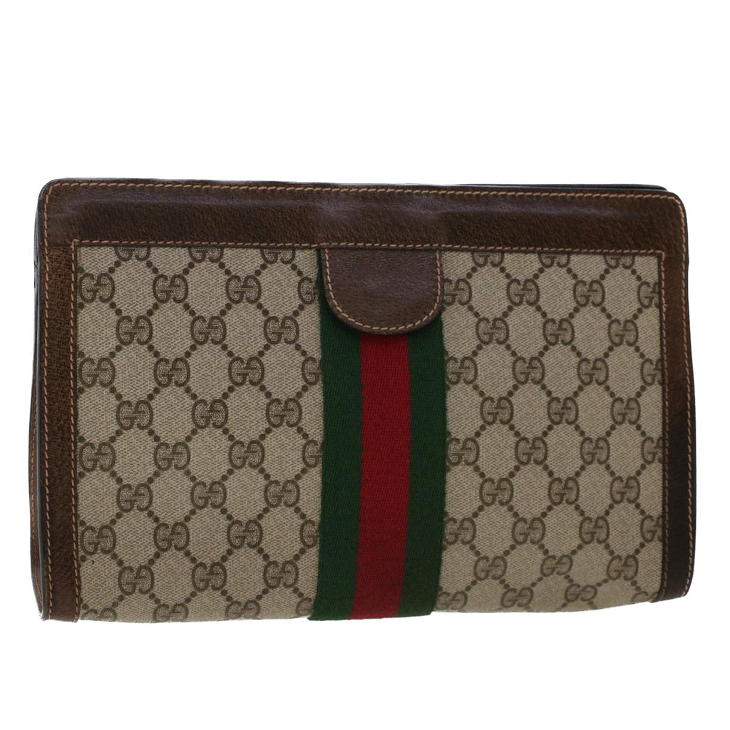 GUCCI GG Canvas Web Sherry Line Clutch Bag PVC Leather Beige Red 50560