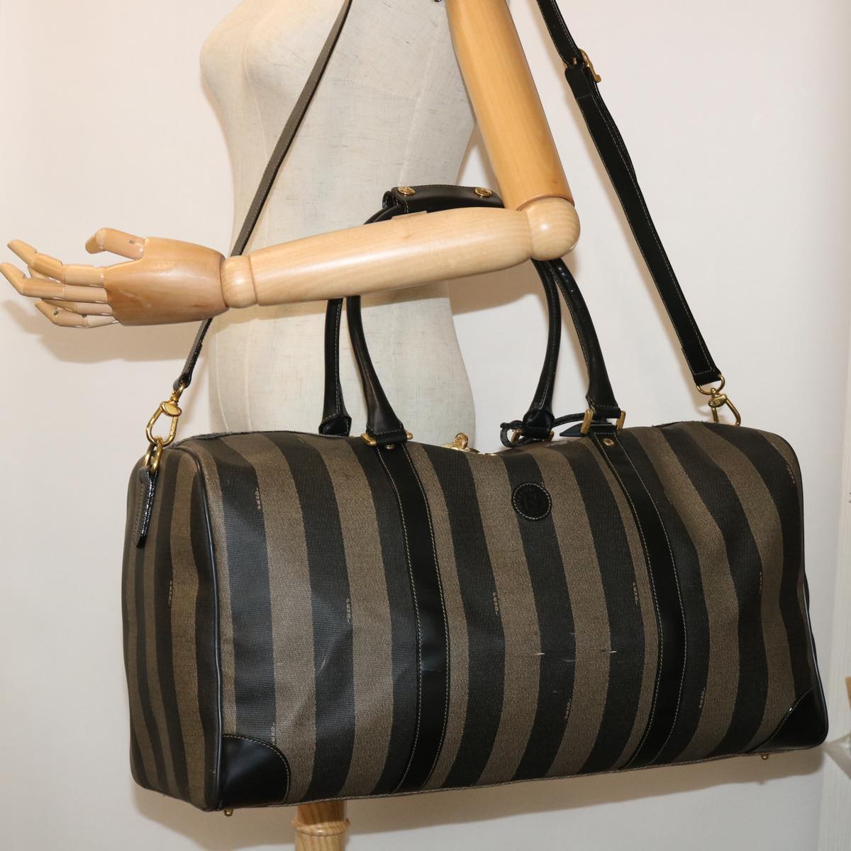 FENDI Pecan Canvas Boston Bag Leather Brown Black 50604