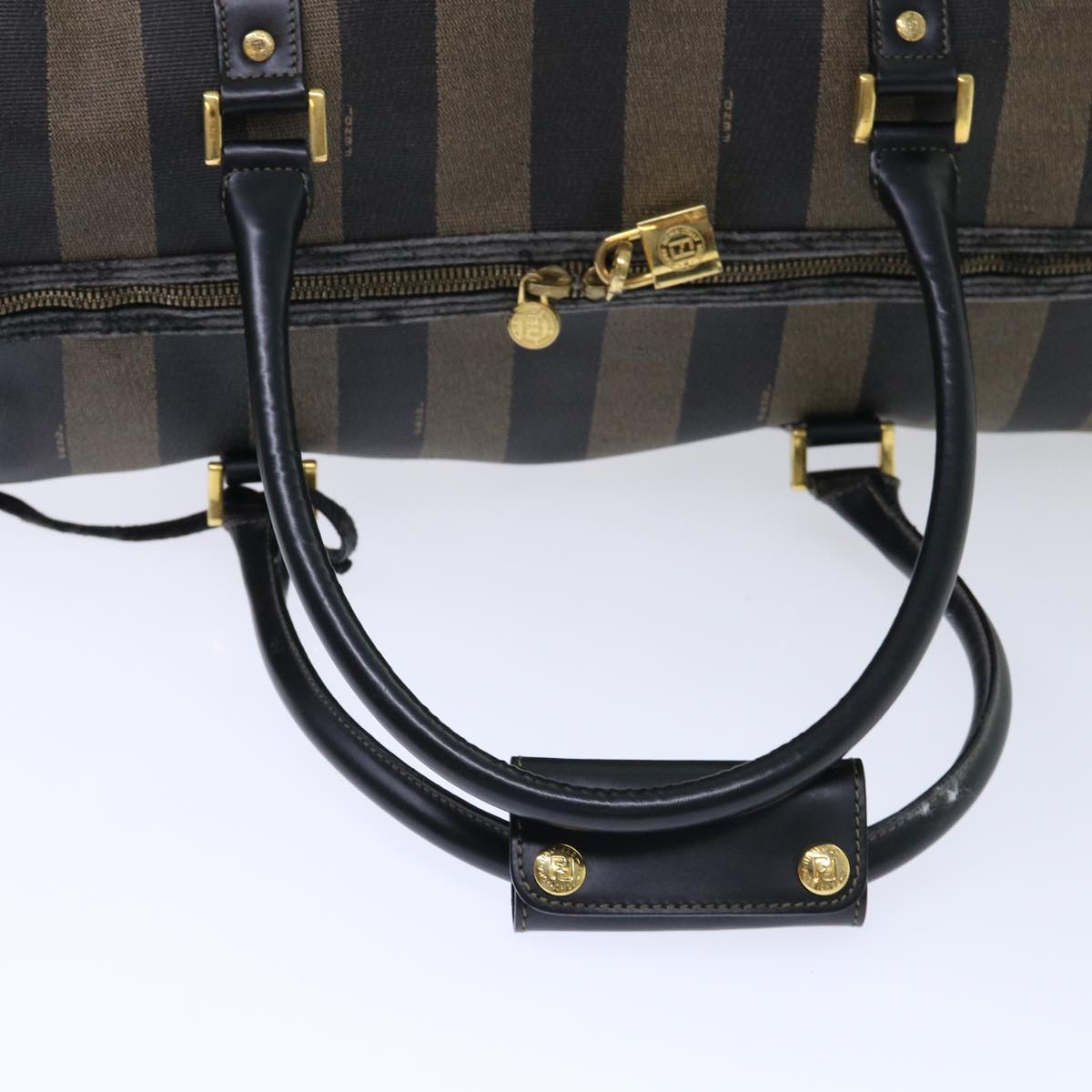 FENDI Pecan Canvas Boston Bag Leather Brown Black 50604
