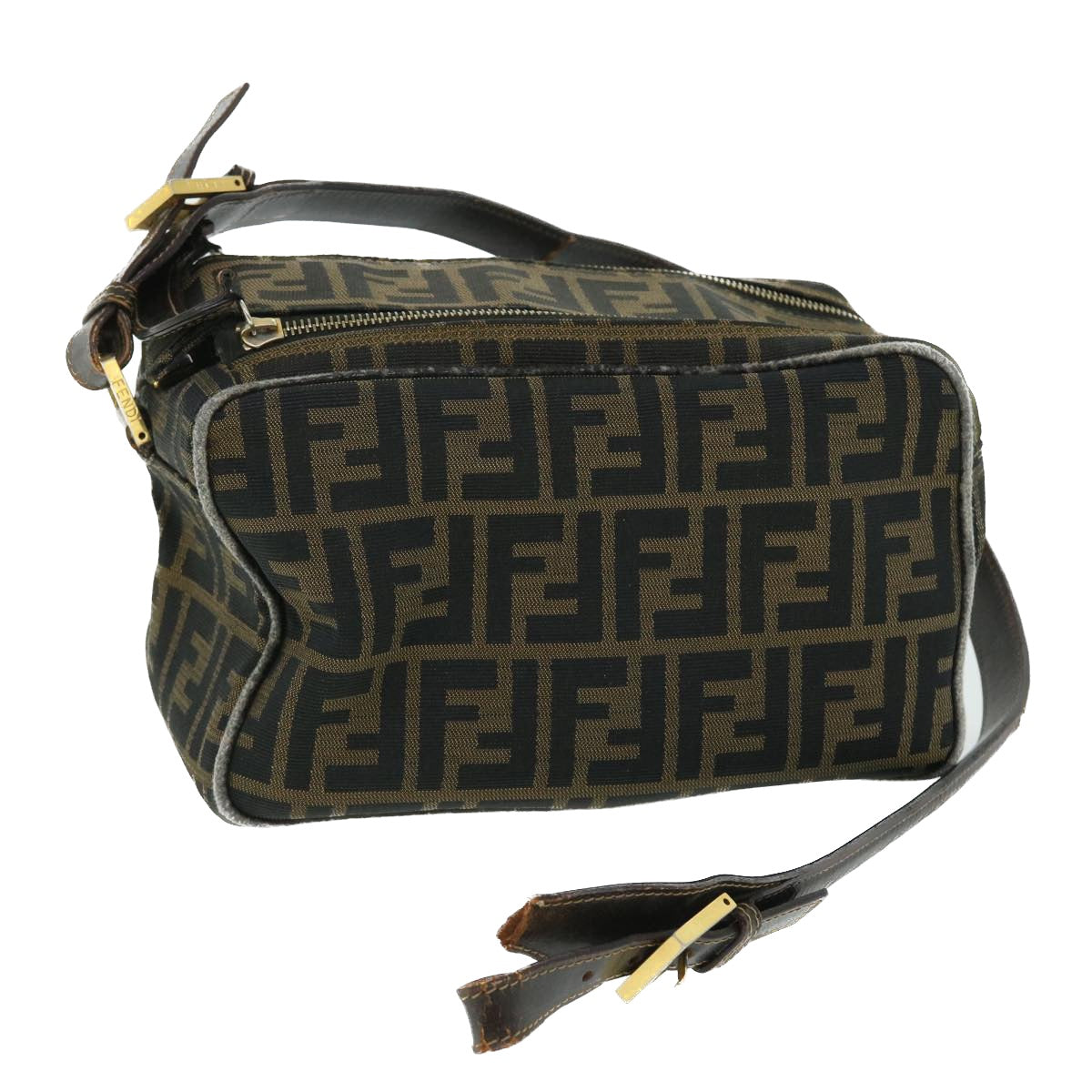 FENDI Zucca Canvas Shoulder Bag Nylon Leather Brown Black 50745