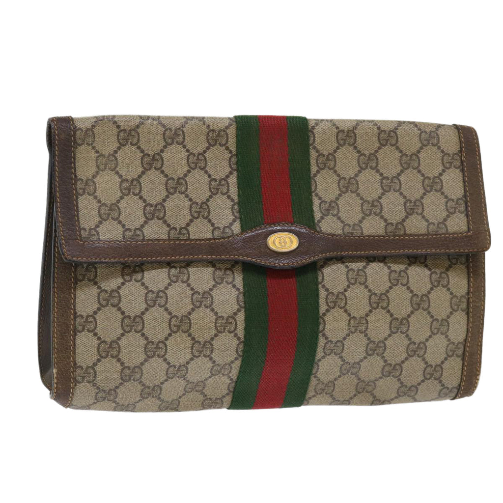 GUCCI GG Canvas Web Sherry Line Clutch Bag PVC Leather Beige Red 50791