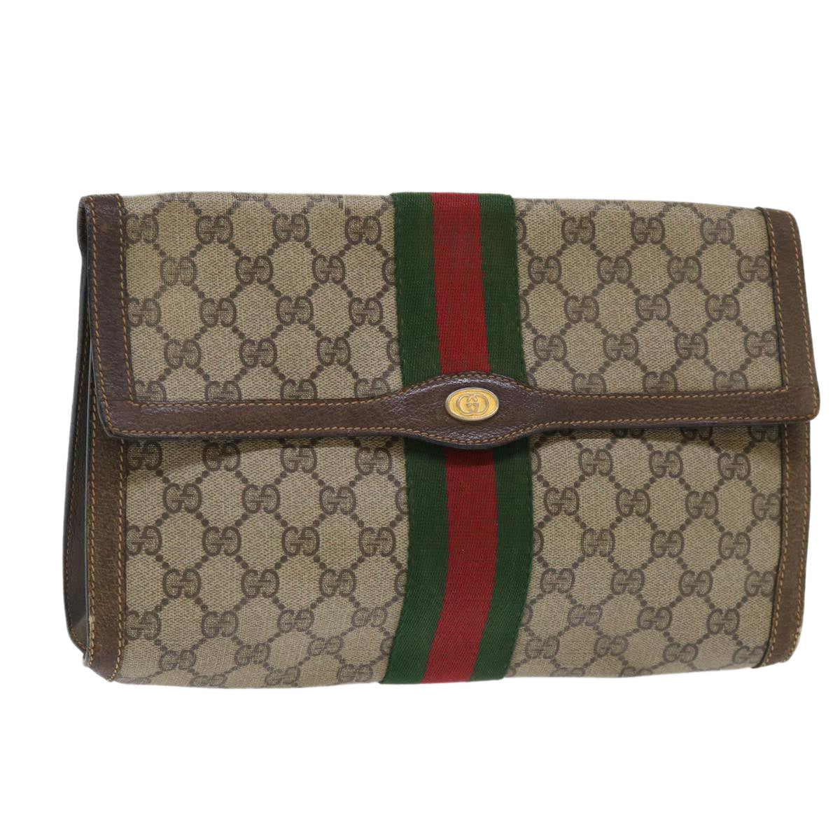 GUCCI GG Canvas Web Sherry Line Clutch Bag PVC Leather Beige Red 50791