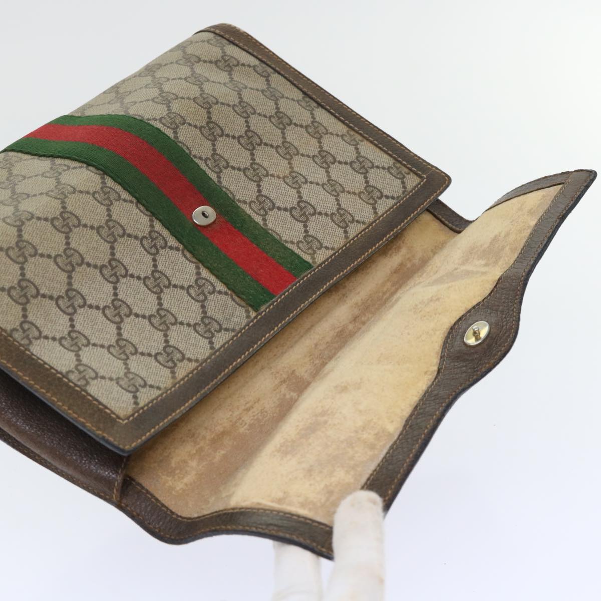 GUCCI GG Canvas Web Sherry Line Clutch Bag PVC Leather Beige Red 50791