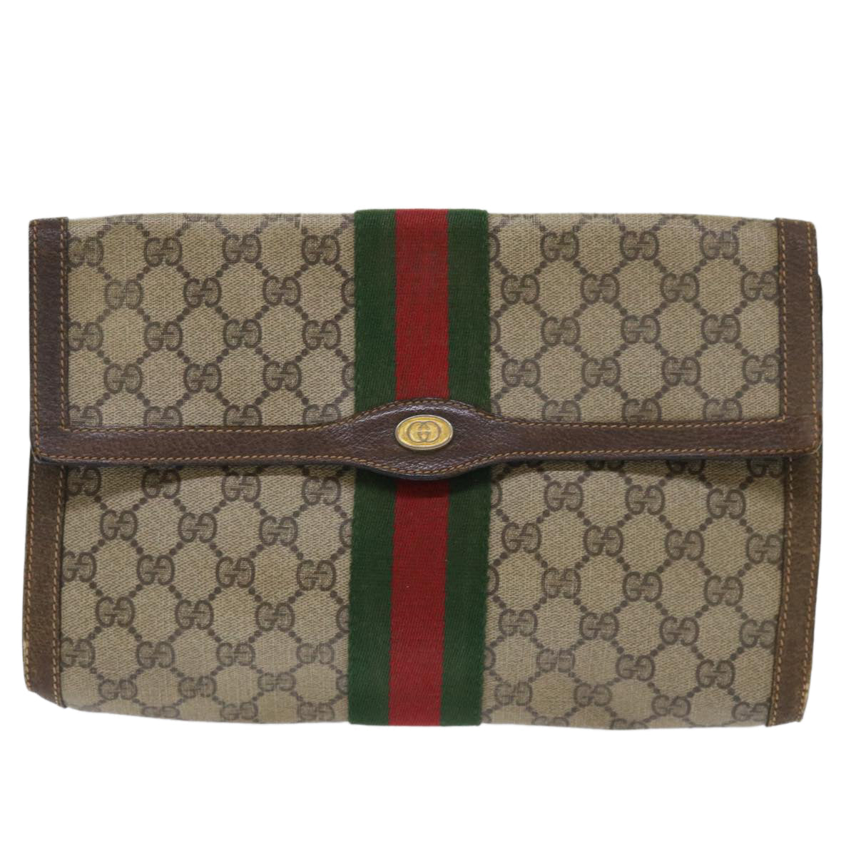 GUCCI GG Canvas Web Sherry Line Clutch Bag PVC Leather Beige Red 50791