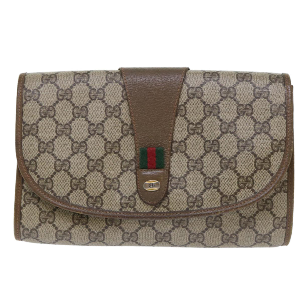 GUCCI GG Canvas Web Sherry Line Clutch Bag PVC Leather Beige Red 50794