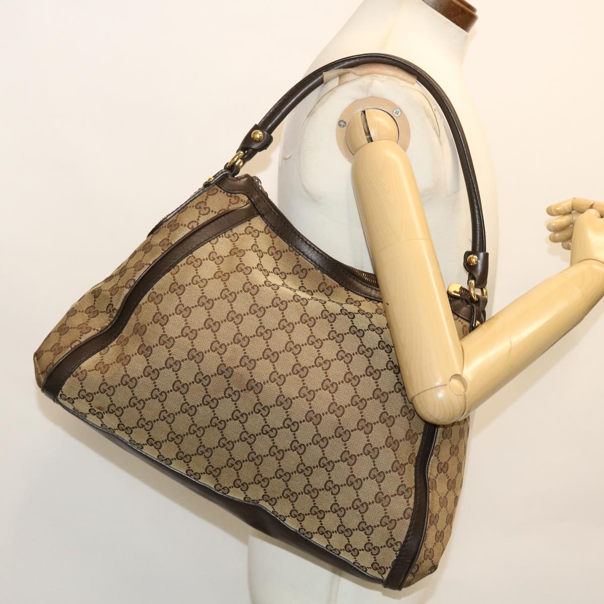 GUCCI GG Canvas Shoulder Bag Leather Beige Brown 232297 520981 50992