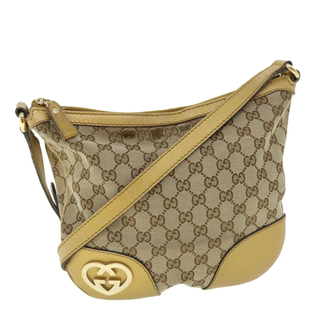 GUCCI GG Canvas Shoulder Bag Leather Beige Gold 257072 498879 50995