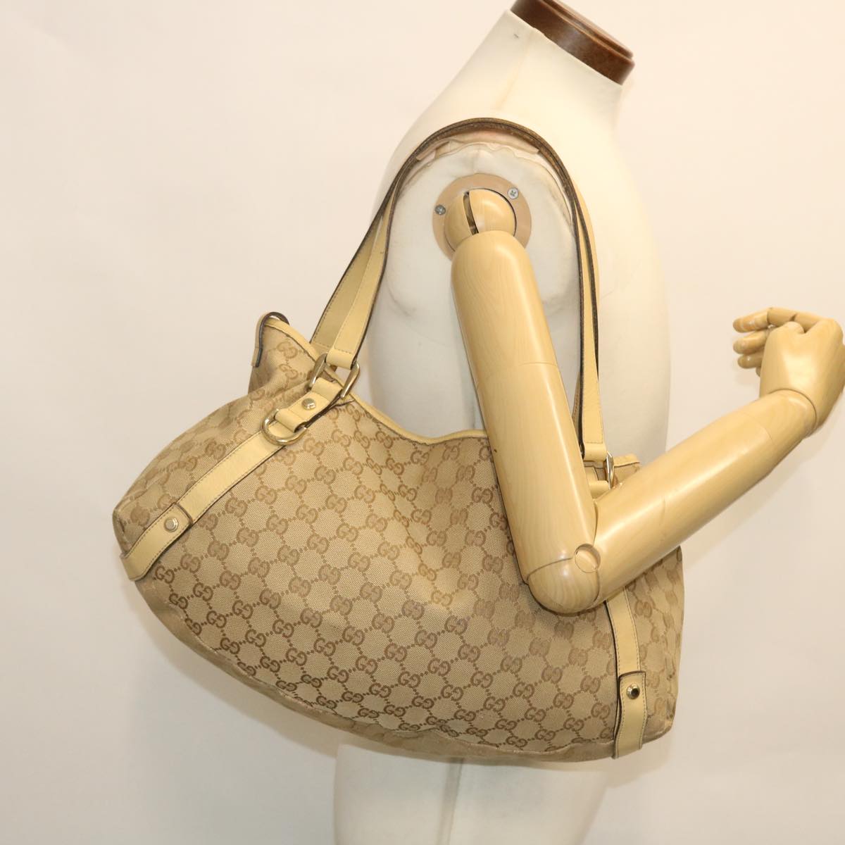 GUCCI GG Canvas Tote Bag Leather Beige 130736 002122 50997