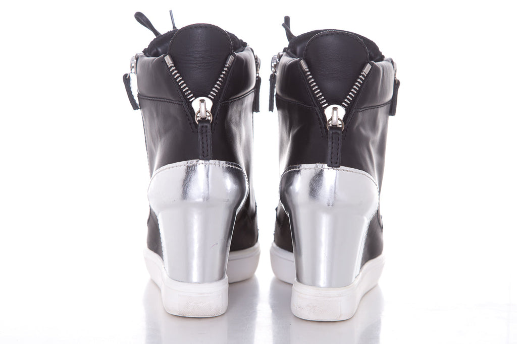Guiseppe Zanotti Black & Silver Leather Sneaker Wedge SZ 38.5